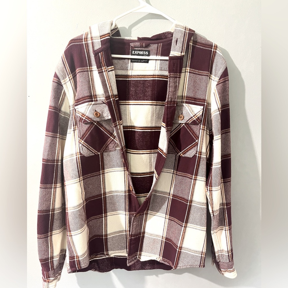 Express Men's Flannel Button-Down Hoodie in Size Large